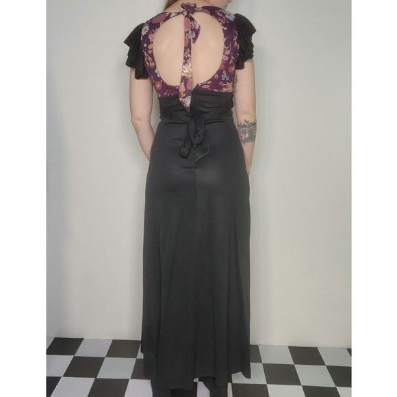 Vtg Handmade 50s 60s Black Floral Print Keyhole Back Empire Waist Smocked Dress - Picture 6 of 9